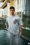 Unisex Bisiklet Yaka Baskılı Oversize T-shirt - Boyalı Gri