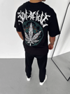 Unisex Bisiklet Yaka Baskılı Oversize T-shirt - Siyah