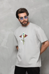 Unisex Bisiklet Yaka Baskılı Oversize T-shirt - Gri