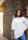 Unisex Bisiklet Yaka Baskılı Oversize T-shirt - Beyaz
