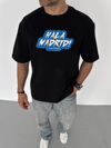 Unisex Bisiklet Yaka Baskılı Oversize T-shirt - Siyah