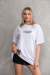 Unisex Bisiklet Yaka Baskılı Oversize T-shirt - Beyaz