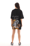 Unisex Bisiklet Yaka Baskılı Oversize T-shirt - Siyah