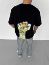 Unisex Bisiklet Yaka Baskılı Oversize T-shirt - Siyah