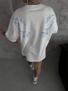 Unisex Bisiklet Yaka Baskılı Oversize T-shirt - Beyaz