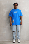 Unisex Bisiklet Yaka Baskılı Oversize T-shirt - Mavi