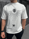 Unisex Bisiklet Yaka Baskılı Oversize T-shirt - Beyaz