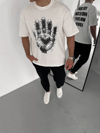 Unisex Bisiklet Yaka Baskılı Oversize T-shirt - Beyaz