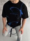 Unisex Bisiklet Yaka Baskılı Oversize T-shirt - Siyah