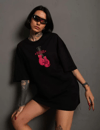 Unisex Bisiklet Yaka Baskılı Oversize T-shirt - Siyah