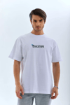 Unisex Bisiklet Yaka Baskılı Oversize T-shirt - Beyaz