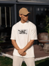 Unisex Bisiklet Yaka Baskılı Oversize T-shirt - Beyaz
