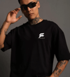 Unisex Bisiklet Yaka Baskılı Oversize T-shirt - Siyah