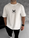 Unisex Bisiklet Yaka Baskılı Oversize T-shirt - Beyaz