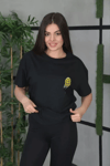 Unisex Bisiklet Yaka Baskılı Oversize T-shirt - Siyah