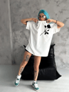 Unisex Bisiklet Yaka Baskılı Oversize T-shirt - Beyaz