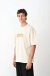 Unisex Bisiklet Yaka Baskılı Oversize T-shirt - Beyaz