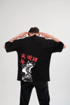 Unisex Bisiklet Yaka Baskılı Oversize T-shirt - Siyah