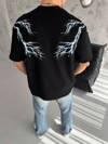 Unisex Bisiklet Yaka Baskılı Oversize T-shirt - Siyah