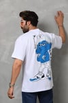 Unisex Bisiklet Yaka Baskılı Oversize T-shirt - Beyaz