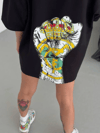 Unisex Bisiklet Yaka Baskılı Oversize T-shirt - Siyah