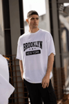 Unisex Bisiklet Yaka Baskılı Oversize T-shirt - Beyaz
