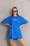 Unisex Bisiklet Yaka Baskılı Oversize T-shirt - Mavi
