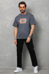Unisex Bisiklet Yaka Baskılı Oversize T-shirt - Füme