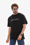 Unisex Bisiklet Yaka Baskılı Oversize T-shirt - Siyah
