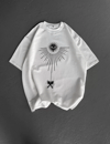 Unisex Bisiklet Yaka Baskılı Oversize T-shirt - Beyaz