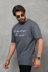 Unisex Bisiklet Yaka Baskılı Oversize T-shirt - Füme
