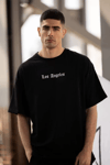 Unisex Bisiklet Yaka Baskılı Oversize T-shirt - Siyah