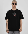 Unisex Bisiklet Yaka Baskılı Oversize T-shirt - Siyah