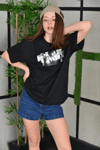 Unisex Bisiklet Yaka Baskılı Oversize T-shirt - Siyah