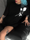 Unisex Bisiklet Yaka Baskılı Oversize T-shirt - Siyah