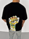 Unisex Bisiklet Yaka Baskılı Oversize T-shirt - Siyah