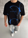 Unisex Bisiklet Yaka Baskılı Oversize T-shirt - Siyah