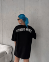 Unisex Bisiklet Yaka Baskılı Oversize T-shirt - Siyah