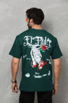 Unisex Bisiklet Yaka Baskılı Oversize T-shirt - Yeşil