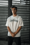 Unisex Bisiklet Yaka Baskılı Oversize T-shirt - Beyaz