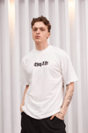 Unisex Bisiklet Yaka Baskılı Oversize T-shirt - Beyaz