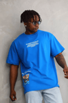 Unisex Bisiklet Yaka Baskılı Oversize T-shirt - Mavi