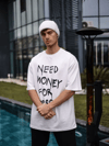 Unisex Bisiklet Yaka Baskılı Oversize T-shirt - Beyaz