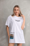 Unisex Bisiklet Yaka Baskılı Oversize T-shirt - Beyaz