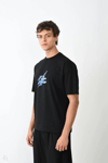Unisex Bisiklet Yaka Baskılı Oversize T-shirt - Siyah