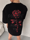 Unisex Bisiklet Yaka Baskılı Oversize T-shirt - Siyah