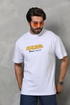 Unisex Bisiklet Yaka Baskılı Oversize T-shirt - Beyaz