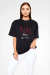 Unisex Bisiklet Yaka Baskılı Oversize T-shirt - Siyah