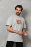 Unisex Bisiklet Yaka Baskılı Oversize T-shirt - Gri
