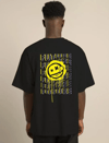 Unisex Bisiklet Yaka Baskılı Oversize T-shirt - Siyah